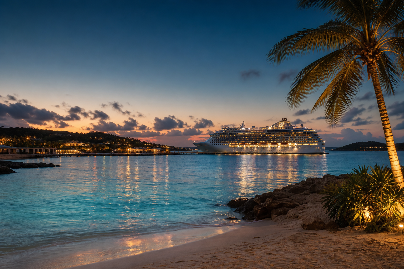 Caribbean bay with a cruise ship at dusk
