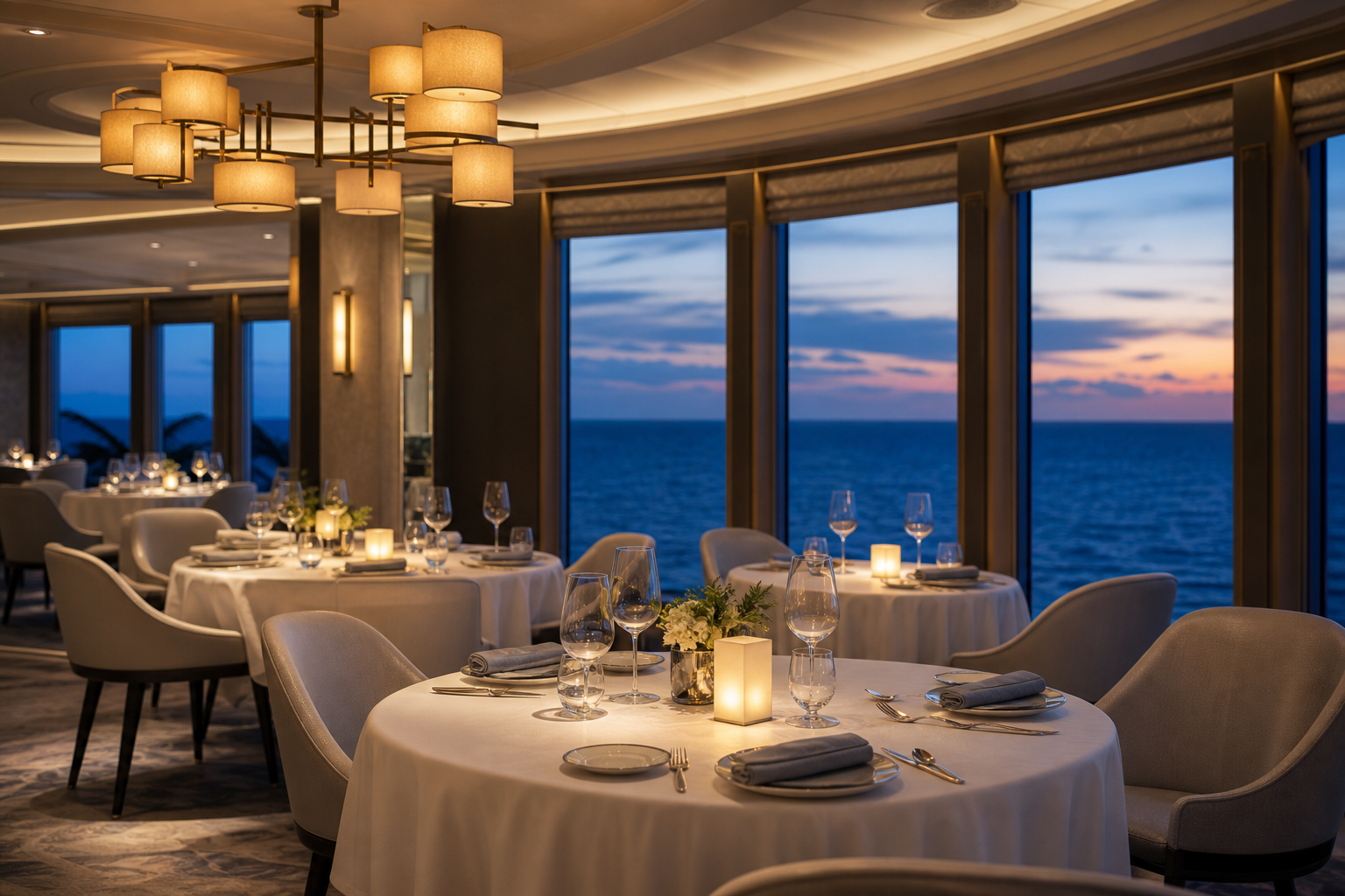 Elegant cruise ship dining room overlooking the ocean