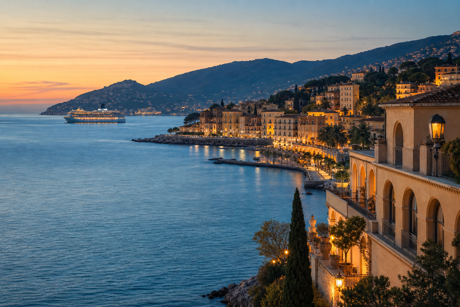Mediterranean coastal port at sunset